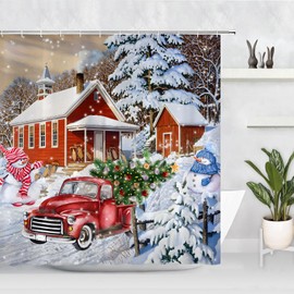 Gaakvrr Merry Christmas Red Vintage Truck Shower Curtain Tree Winter Snow Snowman Rustic Retro Farmhouse Bathroom Decor 200x180cm