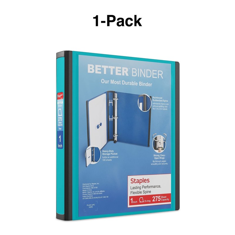 Staples Better 1-Inch, 3-Ring View Binder, Holds up to 275