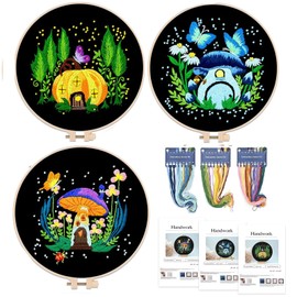 JSRQT 3 Sets Embroidery Starter Kit for Adult Beginner,DIY Mushroom House Cross Stitch Needlepoint Kits,Handmade Sewing Craft Set