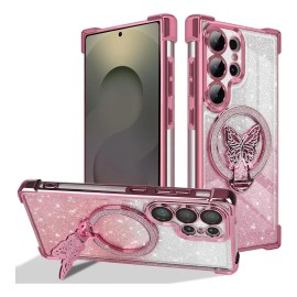 Funda Magnética Para Samsung Galaxy S25 Ultra Glitter Mariposa Anillo Soporte Antigolpes Esquinas Reforzadas                                          