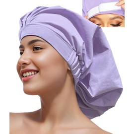 Reusable Shower Cap for Women, Large Waterproof Shower Bonnet Washable Elastic Band Bath Hair Hat for Long Hair, Braids (PURPLE)