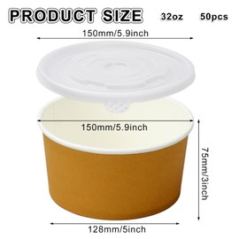 JarThenaAMCS 32oz Large Paper Bowls with Lids 50 Pack Disposable Salads Bowl White Round Kraft Soup Bowls Treat Serving Bowls Food Containers with Plastic Covers for Daily Party Hot Cold Food Supplies