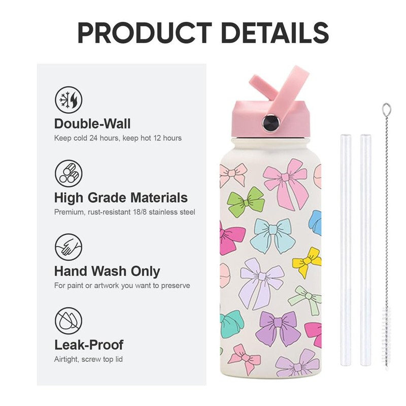 Water Bottle 32 Oz for Travelers Insulated Metal Bottle with