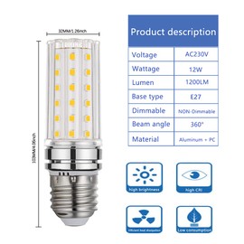 VINBE E27 LED Corn Bulbs, Edison Screw, 12W, 100W Incandescent Equivalent,1200Lm, Warm White,Not dimmable (3000K, 4 pcs)
