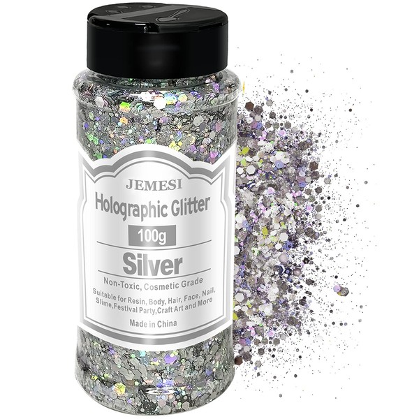 Holographic Chunky Glitter, 100g Silver Cosmetic Craft Glitter for Epoxy Resin, Nail Sequins Iridescent Flakes, Body, Face, Hair, Nail, Glitter Slime Making