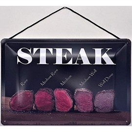 Tin Sign with Cord 18 x 12 cm BBQ: Steak - Rare Medium Well Done Blechemma