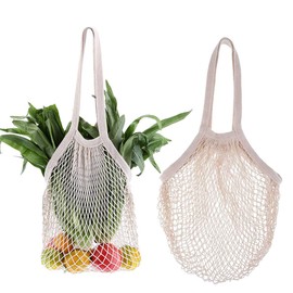 ZORVUJI Einkaufsnetz 2 Stück Wiederverwendbar Netzbeutel Baumwolle, Netztasche mit Langem Griff für Obst Gemüse Aufbewahrung, Einkaufsnetzbeutel Beige