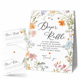 Diaper Raffle Game Kit - 50 Tickets with 1 Standing Sign, Colorful Wildflower Floral Design, Diaper Raffle Game for Baby Shower, Gender Neutral Spring Summer Party Decorations Supplies (A05)