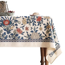 patdrea Designer Blue Tablecloth for Rectangle Tables,Vintage Linen with Leaves and Flowers Pattern Tablecloths,Farmhouse Floral Table Cover Cloth Decorative for Kitchen Dining Room,55"*71"