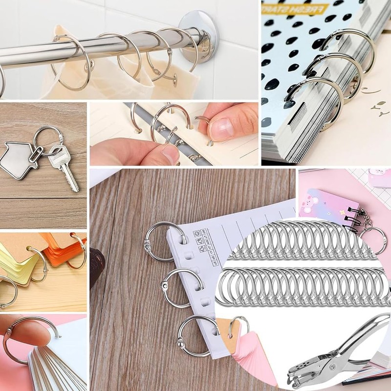100 Stück Silberne Buchringe mit Lochzange, 25mm Außendurchmesser, 20mm Innendurchmesser,