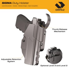 Orpaz Sigma G19 Duty Holster – Compatible with Glock 19 - OWB Tactical Holster with Level 3 or Level 2, Thumb Release, Optics-Ready, with Paddle Attachment