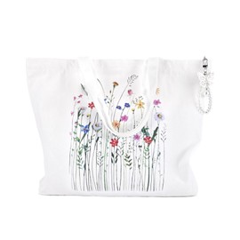 riwoauoo Aesthetic Canvas Tote Bag for Women, Reusable Grocery Bag Shopping Bag Shoulder Bag,Seal Zipper and Inner Pocket with Butterfly Pearl Chain