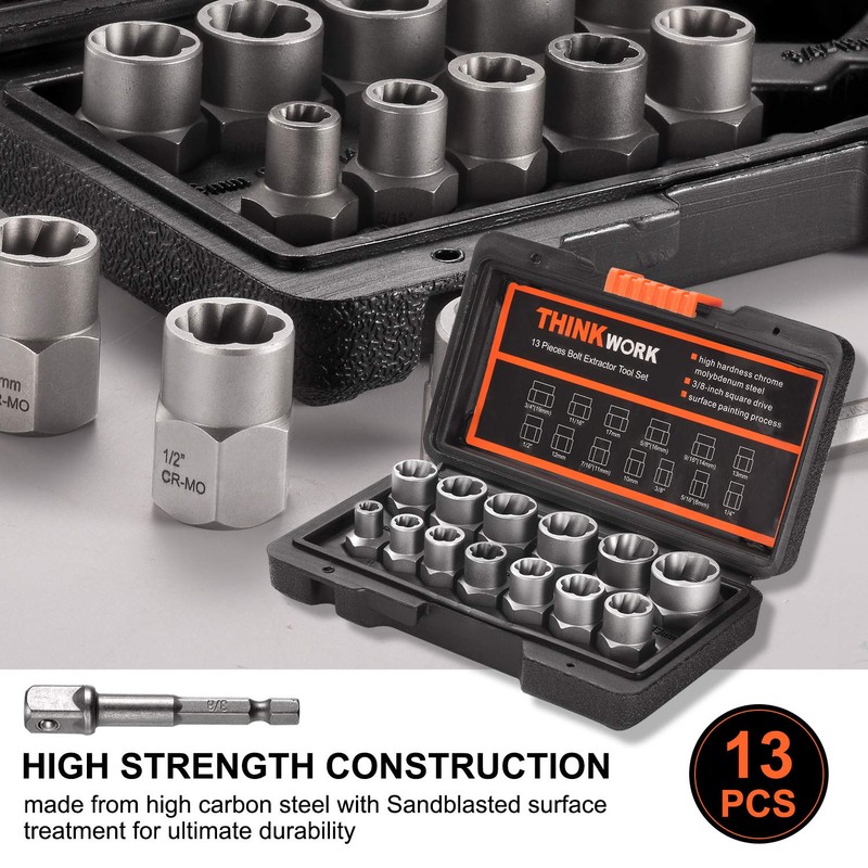 Thinkwork Impact Bolt Extractor Set, 13+1 Pieces Nut Removal Tool,