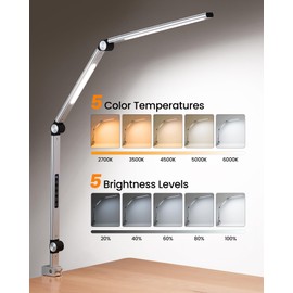 LIFENGSOLER 24W Bright LED Desk Lamp with Clamp, CRI>97 Eye Care Architect Desk Lamp for Home Office with Remote, 5 Color Modes & 5 Brightness, Flexible Swing Arm Desk Lights for Work Reading Study
