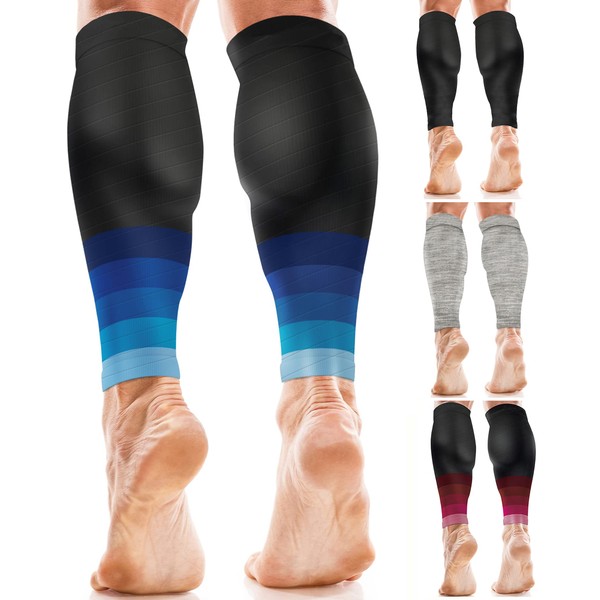 aZengear Calf Support Compression Sleeves (Pair) for Women, Men, Running | 20-30mmHg Class 2 Shin Splints Brace, Footless Leg Socks for Torn Muscle Pain Relief, Cramps (L-XL, Black w/Blue)