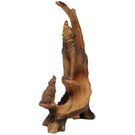 Hand Painted Polystone Carved Look Howling Wolf and Pup Figure