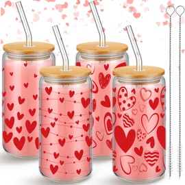 Ziliny 4 Pcs Valentine's Day Can Shaped Glass Cups 16oz Iced Coffee Cups Cute Coffee Glass Can Shaped Drinking Glasses Tumbler with Bamboo Lids and Straws and Cleaning Brushes (Heart Style)