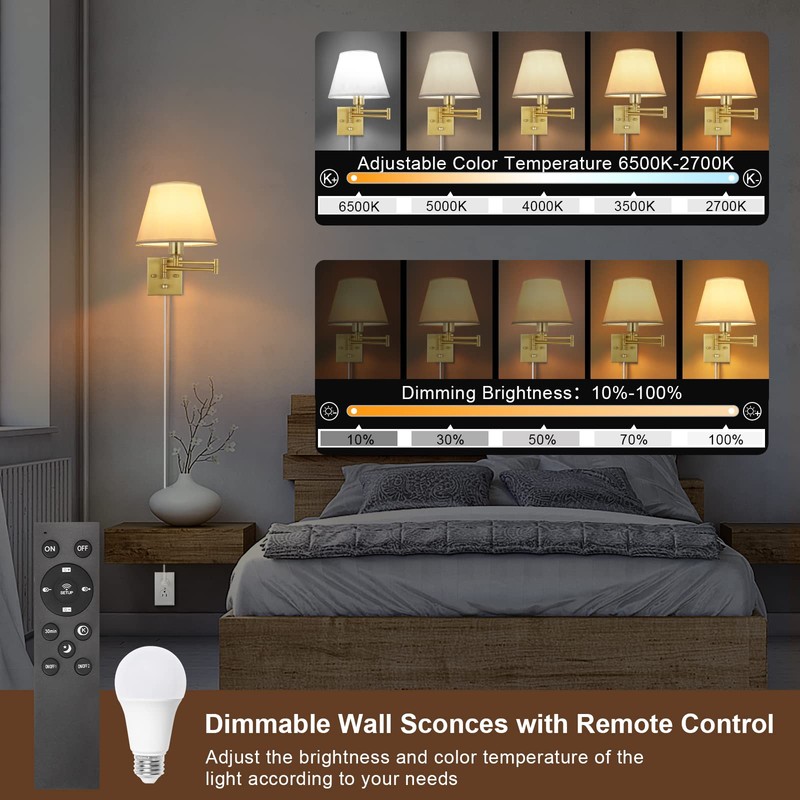 TRLIFE Dimmable Wall Sconce, Remote Control Dimming 10-100% and Adjustable