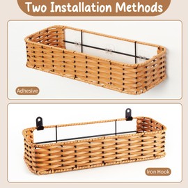RuralRattan Hanging Wall Basket, Adhesive Wall-Mounted Organizer for Storage, 2-Pack Plastic Wicker Woven Storage Shelves for Kitchen Cabinets, Bathroom, Pantry, Brown Color