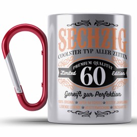 Trendation - 60. Geburtstag Edelstahl Tasse Karabiner Mann Geschenk 60er Geschenkidee 60 Vater Männer Lustig Geschenke 60 Jahre Alt Mann Männer Vater (Rot)