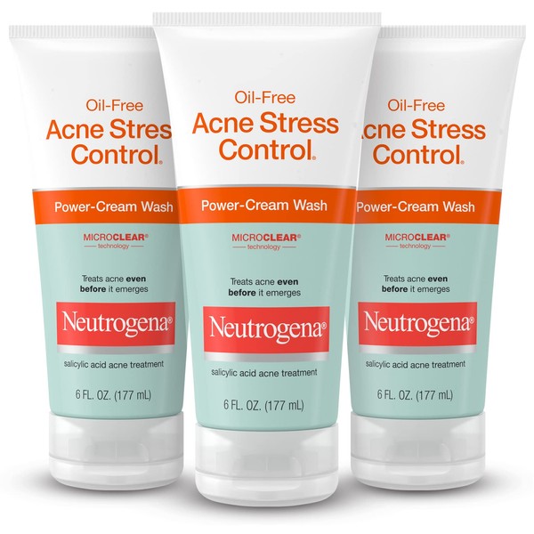 Neutrogena Oil-Free Acne Stress Control Power-Cream Face Wash with 2% Salicylic Acid Acne Treatment Medication, Soothing Daily Acne Facial Cleanser for Acne-Prone Skin Care, 6 fl. oz