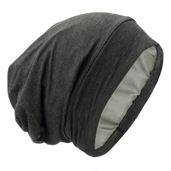 Silk Satin Lined Bonnet Sleep Cap - Adjustable Stay on All Night Hair Wrap Cover Slouchy Beanie for Curly Hair Protection for Women and Men - Solid Dark Grey