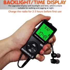 AM/FM Personal Portable Mini Radio with Digital Tuning LCD Display and Backlight Time, SWDSTP Rechargeable Pocket Radio with Earphone and Belt Clip for Walking, Jogging