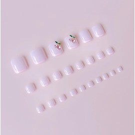24Pcs Pink French Press on Toe Nails Short Fake Toenails with 3D Alloy Cherry Design Glossy False Toe Nails Summer Glue on Toenails Pure Nude Color Stick on Toe Nails Kit for Women