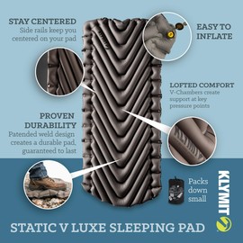 KLYMIT STATIC V LUXE Sleeping Pad, Extra Wide (30 inches) Best Camping Gear for Backpacking, Camping and Hiking, (76L x 30W x 3H inches), Gray