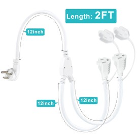 [2PACK] 2FT Outdoor Power Extension Cord 2 Way Splitter - White Flat Wall Plug Short 3 Prong Y Splitte Extension Cord with 2Outlets, 125V 13A 16AWG 1 to 2 Splitter Waterproof Outdoor Extension Cord