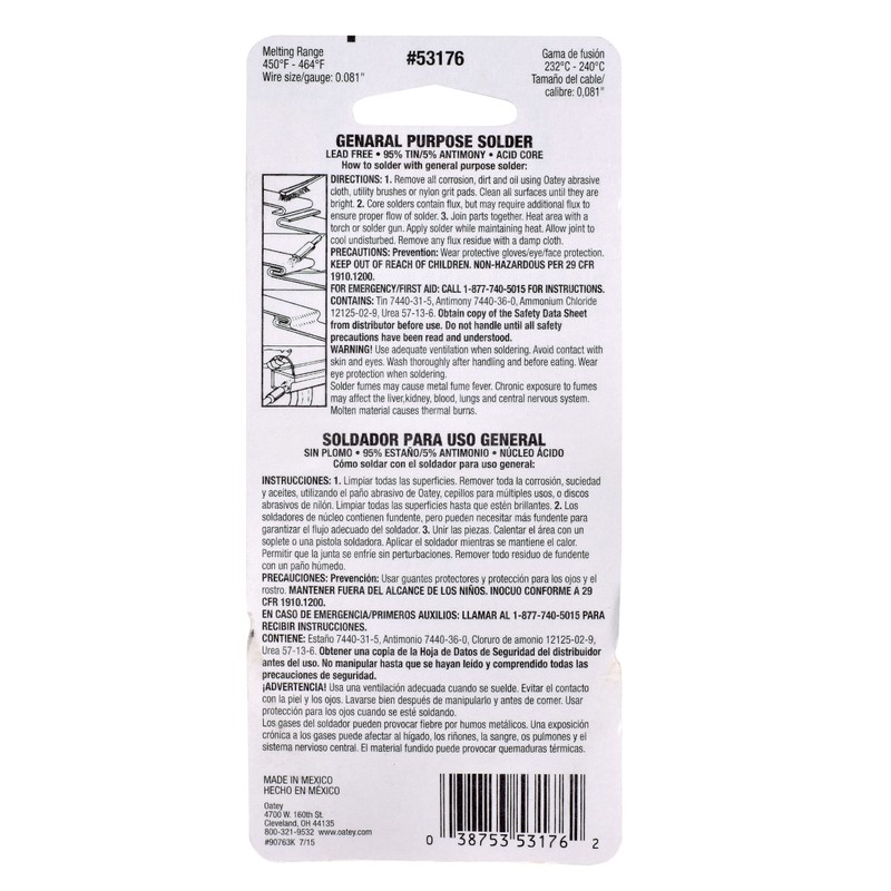 Oatey 53176 95/5 Acid Core Wire Solder-Carded, 1/4 lb