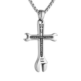 HZMAN Cross Necklace for Men Stainless Steel Bible Verse Philippians 4:13 I CAN DO ALL THINGS Wrench Cross Pendant Necklace (Silver)
