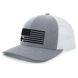 Christian American Flag Cross Mens Embroidered Mesh Back Trucker Hat, Heather Grey/White