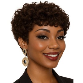 MUJGOO Pixie Short Wigs For Black Women Curly Pixie Cut Wig Natural Synthetic Layered Hair With Bangs For Black Women Curly Pixie Wigs For women Heat Resistant Fiber Wig For Daily Use (Dark Brown)