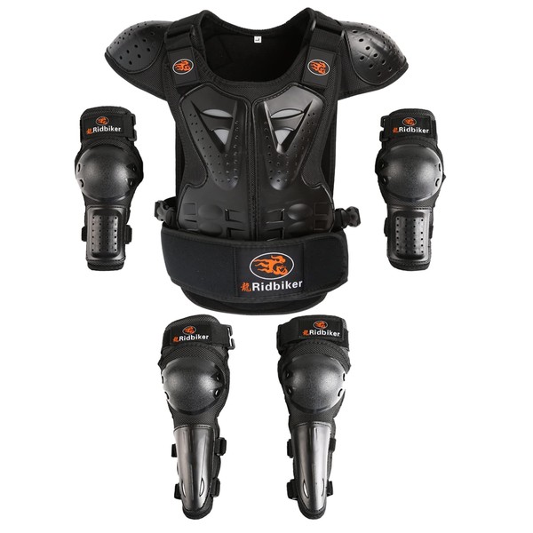 Kids Dirt Bike Gear Chest Protector Motocross Gear Motorcycle Armor Vest Elbow Guard Knee Shin Guard Pads Youth Motorcycle Protective Gear (Black, XL:(Height:57.08"-62.99"))