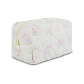 AMZMA Quilted Makeup Pouch,Cotton Puffy Makeup Bag, Coquette Cosmetic Bag for Women and Girls, Aesthetic Organizer Bag, Cute Flower Travel Toiletry Bag, Pink rose
