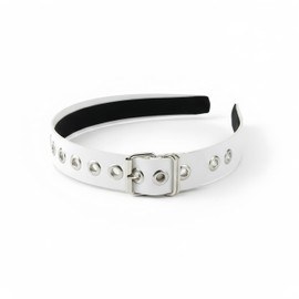 WEIMU White Faux Leather Belt-Style Headband with Metal Hoops – Punk Gothic Hair Accessory for Women, Perfect for Cosplay, Parties, Events, and Alternative Fashion Outfits