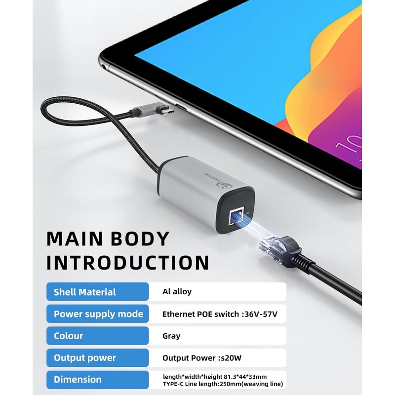 NP Type-C to Gigabit PoE Converter, POE Ethernet Adapter gigabit