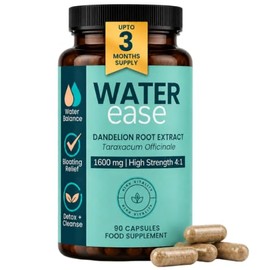 WATEREASE Dandelion Root Extract 1600mg (4:1) – Water Retention Tablets High Strength Fluid Balance Supplement –90 Vegan Plant-Based Capsules