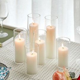Set of 6 White Pillar Candles with Clear Glass Hurricane Holders- Elegant Cylinder Candle Vases for Weddings, Parties, Centerpieces, Home & Office Decor.