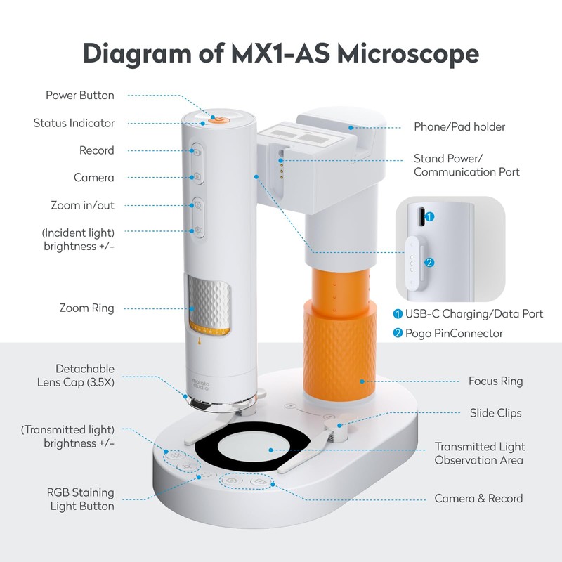 MatataStudio MX1-AS Digital Microscope for Kids, 3.5X-1000X USB Portable