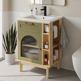 LIKIMIO 24 Inch Bathroom Vanity with Sink, Compact Bathroom Cabinet with Integrated Ceramic Sink, Arched Glass Door Storage with Adjustable Shelf, Towel Bar & Toilet Paper Holder for Small Bath