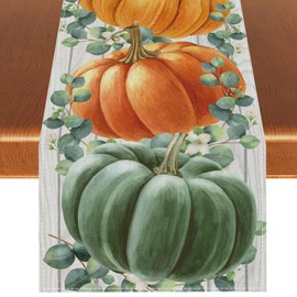 Linen Watercolor Pumpkin Eucalyptus Fall Table Runner Farmhouse Fall Autumn Thanksgiving Harvest Festival Decorations and Supplies for Home Kitchen Table-13×72''
