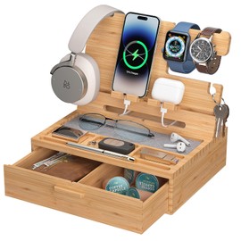 Pezin & Hulin Wood Nightstand Organizer Tray, Bamboo Phone Docking Station with Drawer, Bedside Valet Tray for Multi-Device, Ideal for Husband Him Boyfriend Graduation Christmas (Natural)