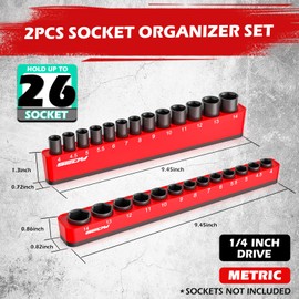 2-Piece 1/4"-Drive Metric Magnetic Socket Organizer Set (Holds 26 Sockets) - Detachable Tool Tray with 5mm Magnetic Base, Screw-Fixed Design & Heavy-Duty Modular Storage for Garage/Home Workshop