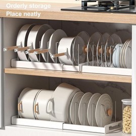Expandable Pot and Pan Organizer Rack for Cabinet, Pot Lid Organizer Holder with7 Stainless Steel Adjustable Dividers for Kitchen Cabinet Organizer and Storage , ideal for Baking Pans,(White, Grey)Foldable Design,Gifts for Mom - Color: Grey