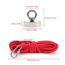 YFaith Eyelet Magnet 120 kg, Diameter 60 mm Neodymium Magnets Extra Strong, Magnets Hook M8 with Lifting Eyelet and 10 m Rope with Buckle, Round Pot Magnet for Magnetic Fishing, Lifting and Picking Up