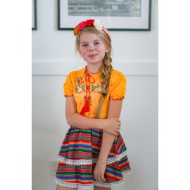 HIHA Little Girls Mexican Embroidered Outfit Kids Cinco De Mayo Clothes Floral Twist Front Crop Tops Lace Skirt Set Yellow 7-8 Years