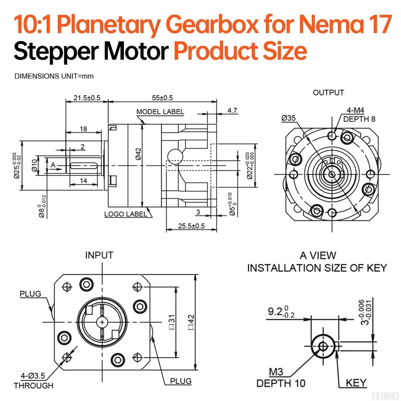 YEJMKJ Ratio 10:1 Planetary Gearbox for Nema 17 Stepper Motor