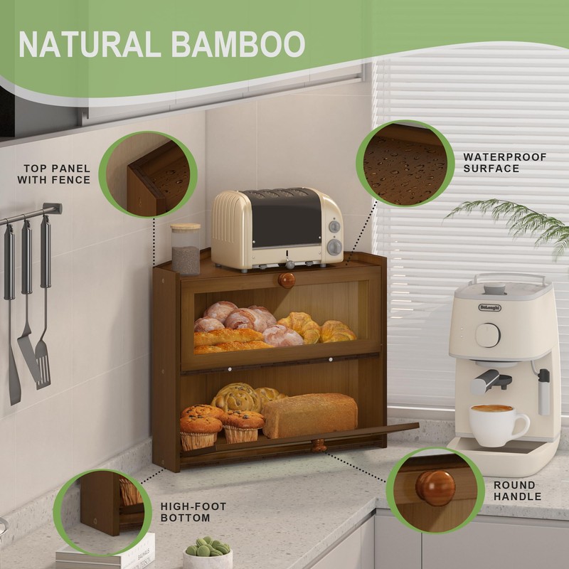 Corner Bread Box for Kitchen Countertop Bamboo Bread Holder Large